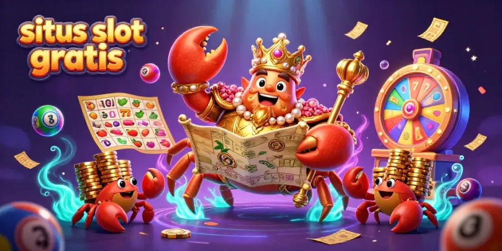 Engage with situs slot gratis through an animated scene featuring a golden crab emperor amidst vibrant casino elements.