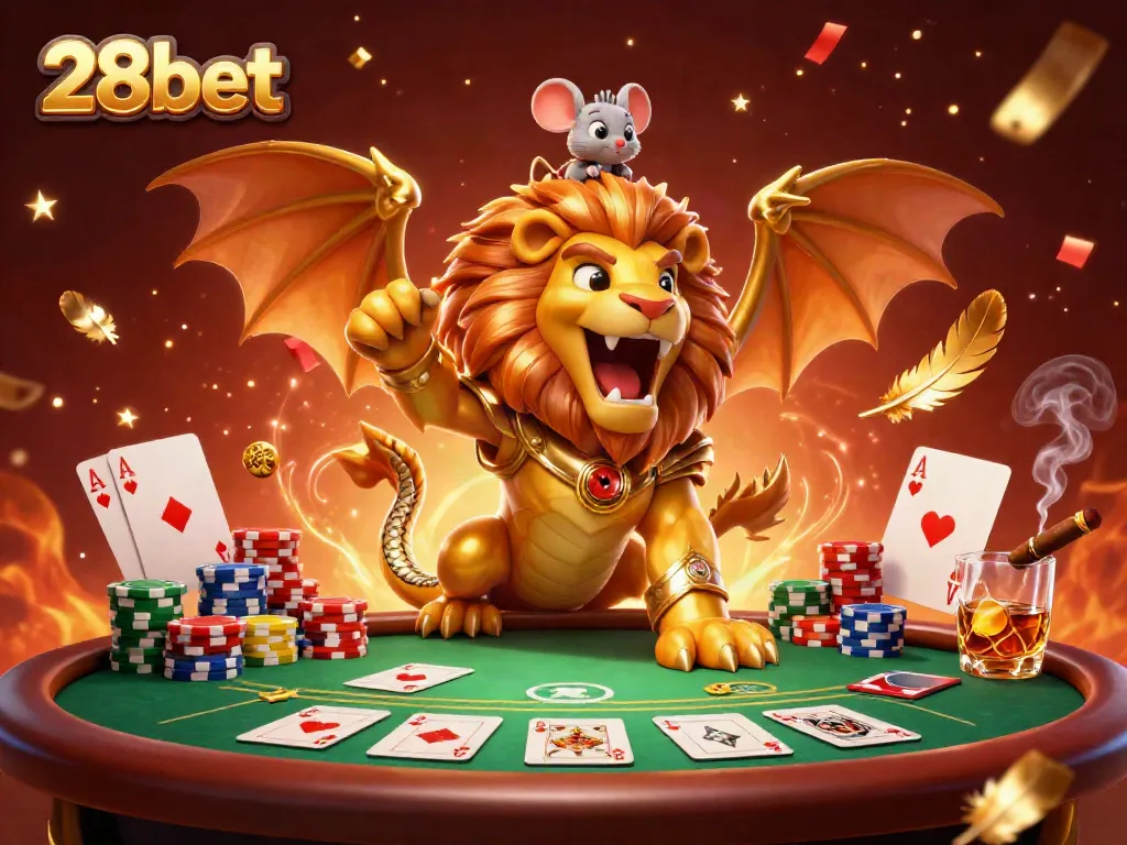 Experience thrilling gaming with 28bet's vibrant 3D casino scene featuring epic chimera art.