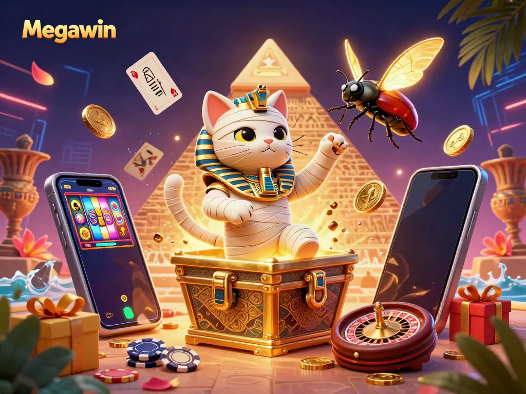 Permainan slot Megawin dengan mumi Mesir dan scarab di kasino, mengeluarkan koin emas.