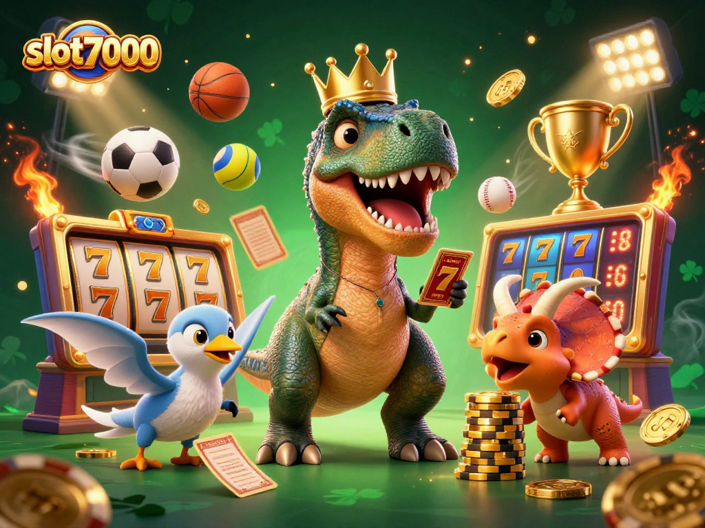 Engage with slot7000's vibrant gaming scene featuring a T-Rex shuffling cards amid golden slot icons.