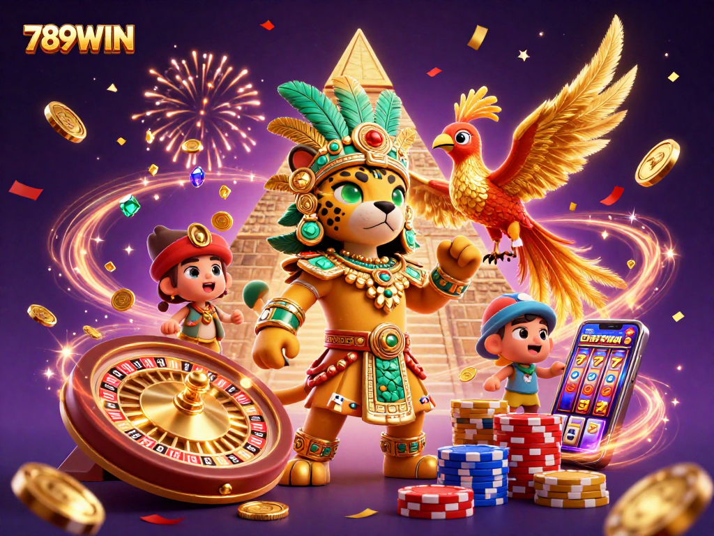 Experience the thrill of 789WIN with a vibrant Mayan-themed casino illustration featuring cascading coins and slot machines.