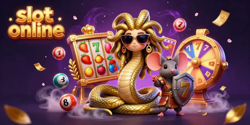 Engage with the vibrant slot online scene featuring Medusa and a warrior mouse amidst dynamic gaming elements.