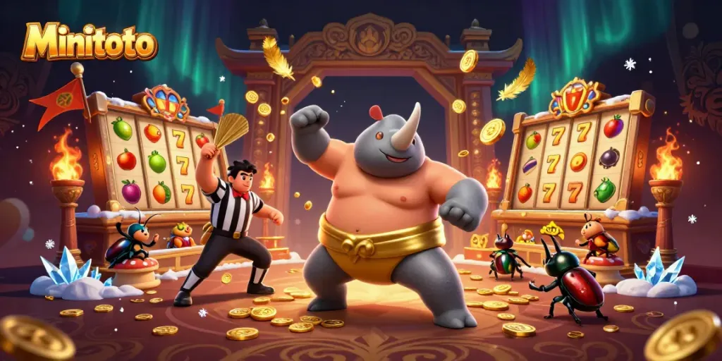 Visualisasi Minitoto yang menampilkan kejuaraan sumo dengan simbol slot untuk menarik perhatian pemain.