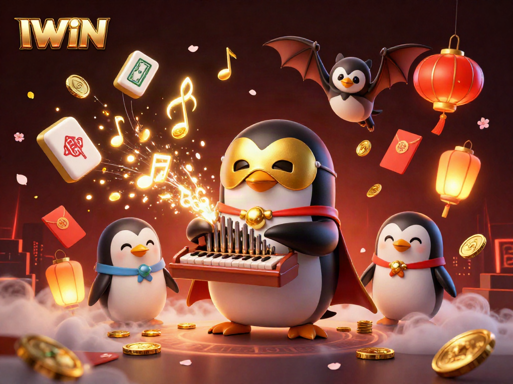 Engage in thrilling IWIN gaming with an enchanting scene of a penguin playing music as coins fly.