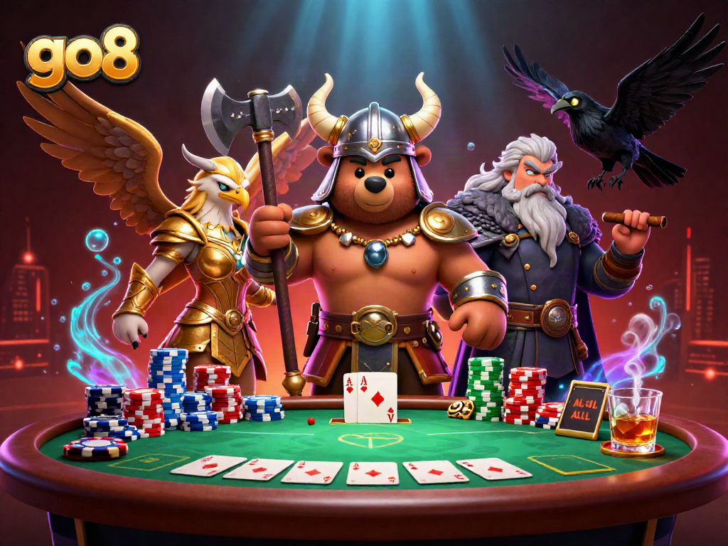 Engage with go8 gaming strategies at a vibrant casino scene featuring Viking and Valkyrie characters.