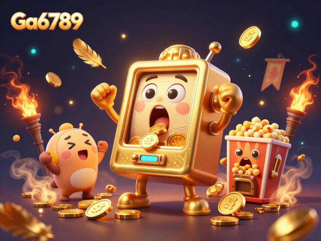 Ga6789 celebrates as the golden slot machine wins a jackpot amidst a vibrant casino scene.