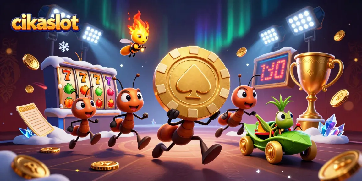 cikaslot showcases a heist scene with ants, a firefly, and sports elements in a dynamic casino atmosphere.