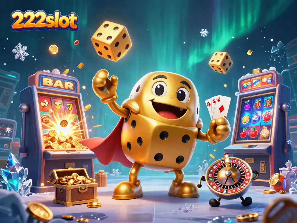 Menangkan jackpot dengan 222slot, ilustrasi kasino mencolok muncul dengan dadu emas dan mesin slot.
