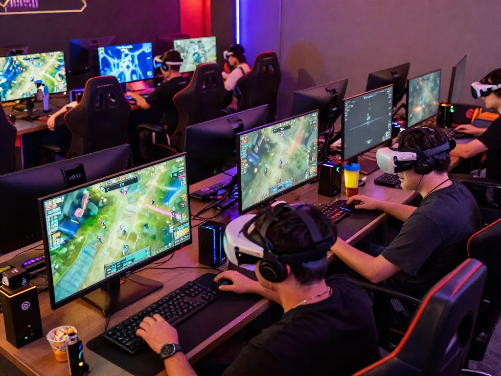 Juraganbola e-sports players engaging in competitive gaming in a vibrant lounge with modern equipment.