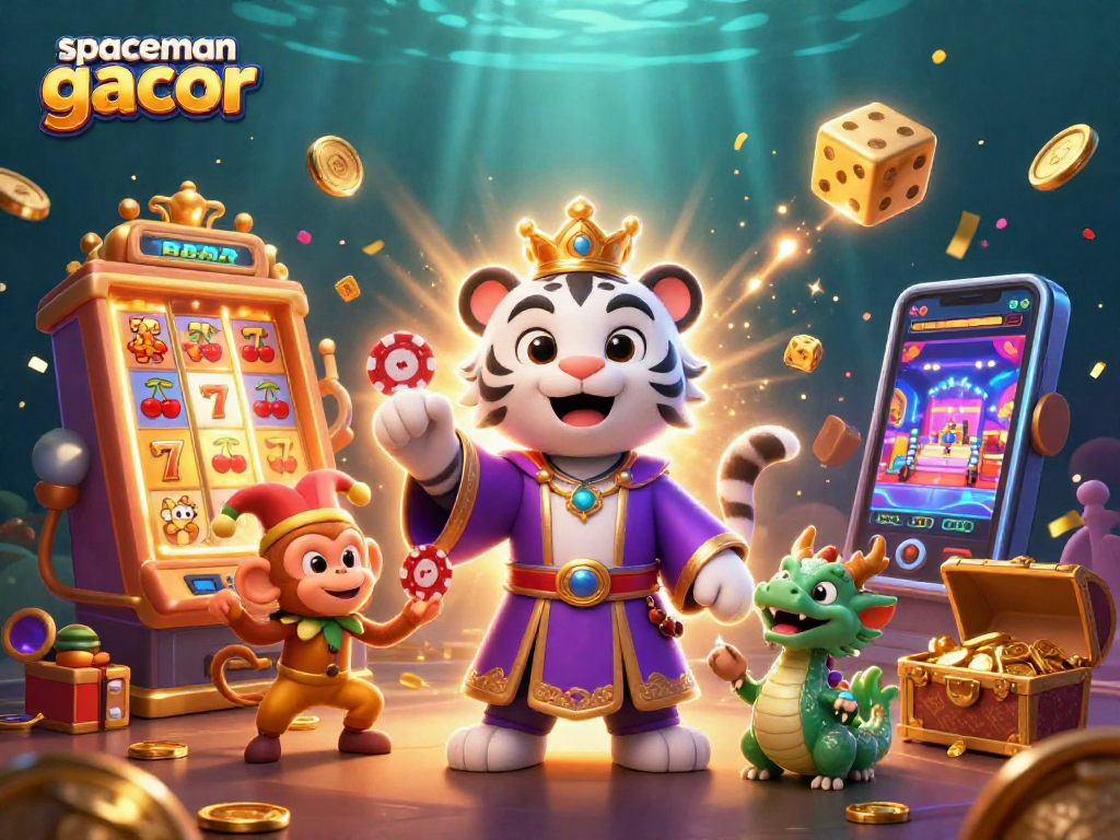 Experience the excitement of spaceman gacor with a vibrant casino scene featuring playful characters and jackpot winning.