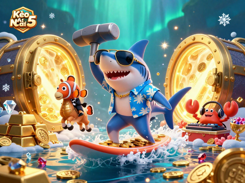 Kèo Nhà Cái 5 showcases a vibrant underwater casino scene with a shark, clownfish, and crab DJ.
