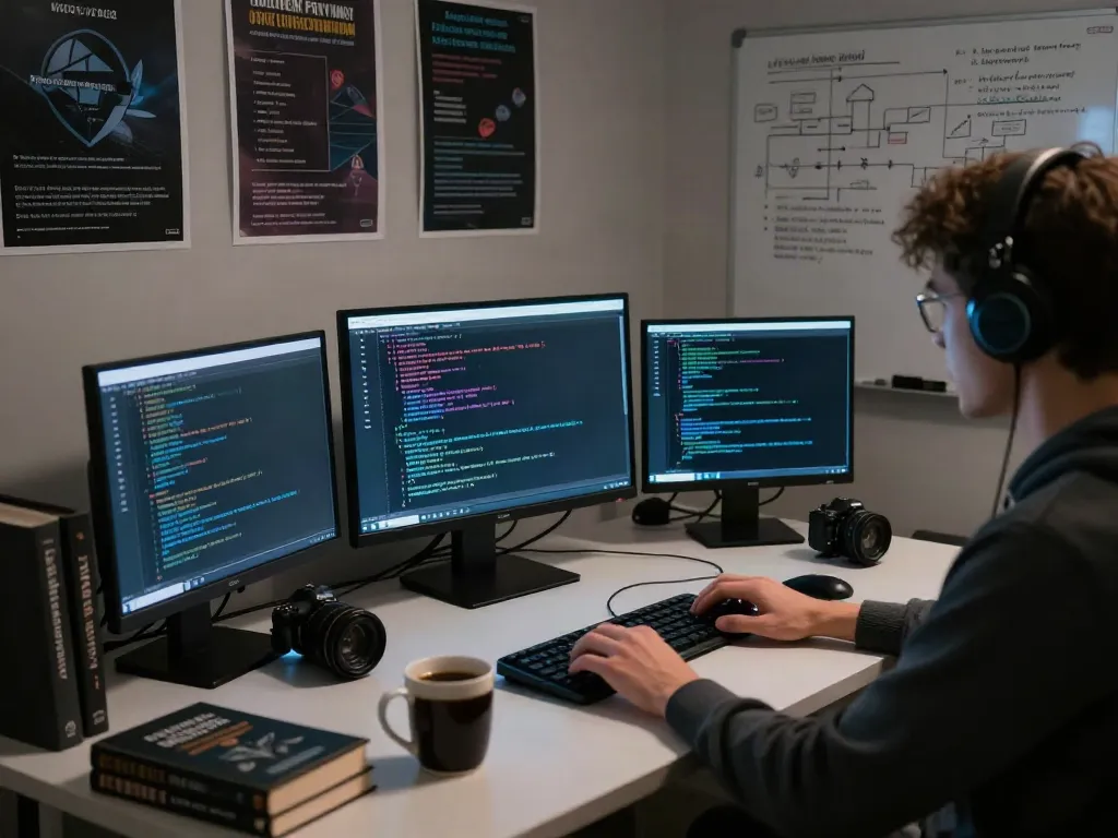 Workspace showcasing the hidden wiki research, with coding monitors, cybersecurity books, and dark ambiance.