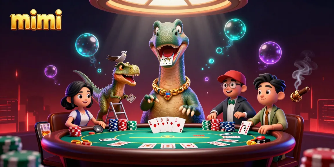 Join the excitement at mimi's casino table with a brontosaurus and raptor dealer in a vibrant scene.