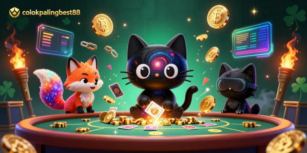 Play at colokpalingbest88 with the cosmic cat at a vibrant casino table filled with stunning game elements.