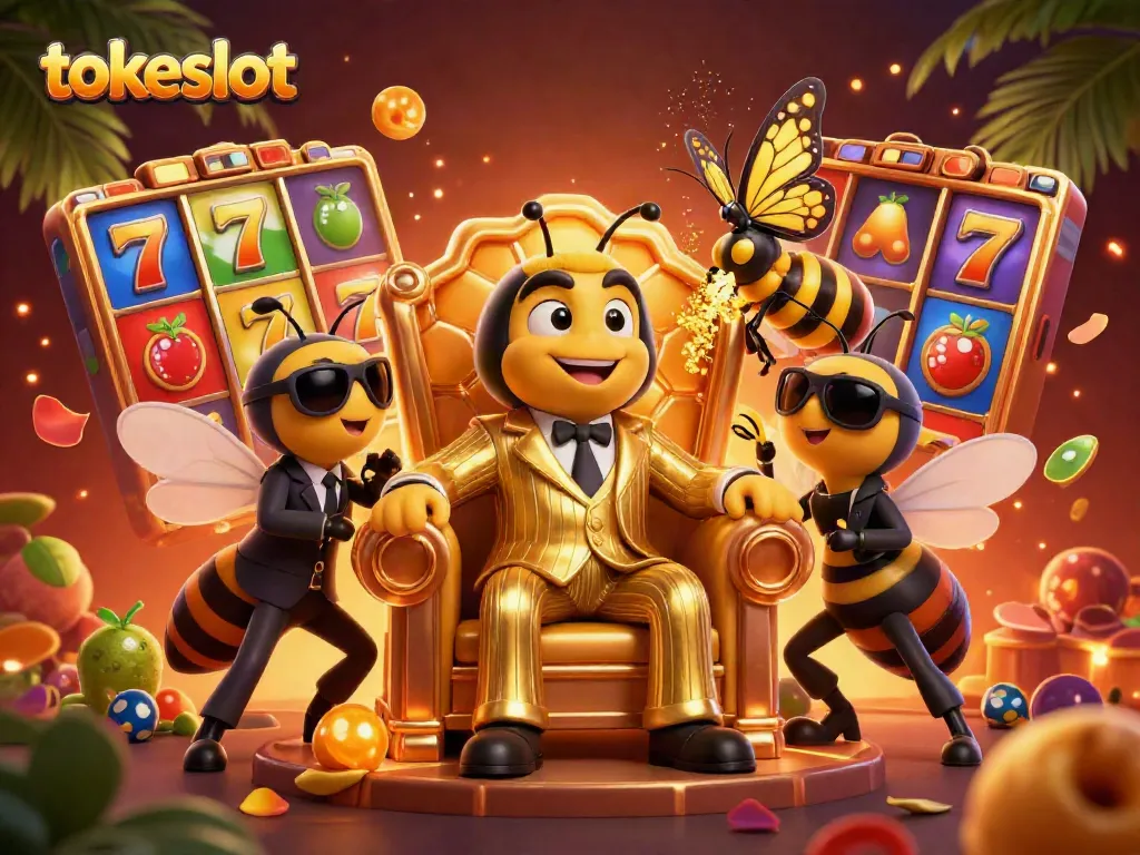 Tokeslot entertainment with vibrant slot reels and playful characters in dynamic scene