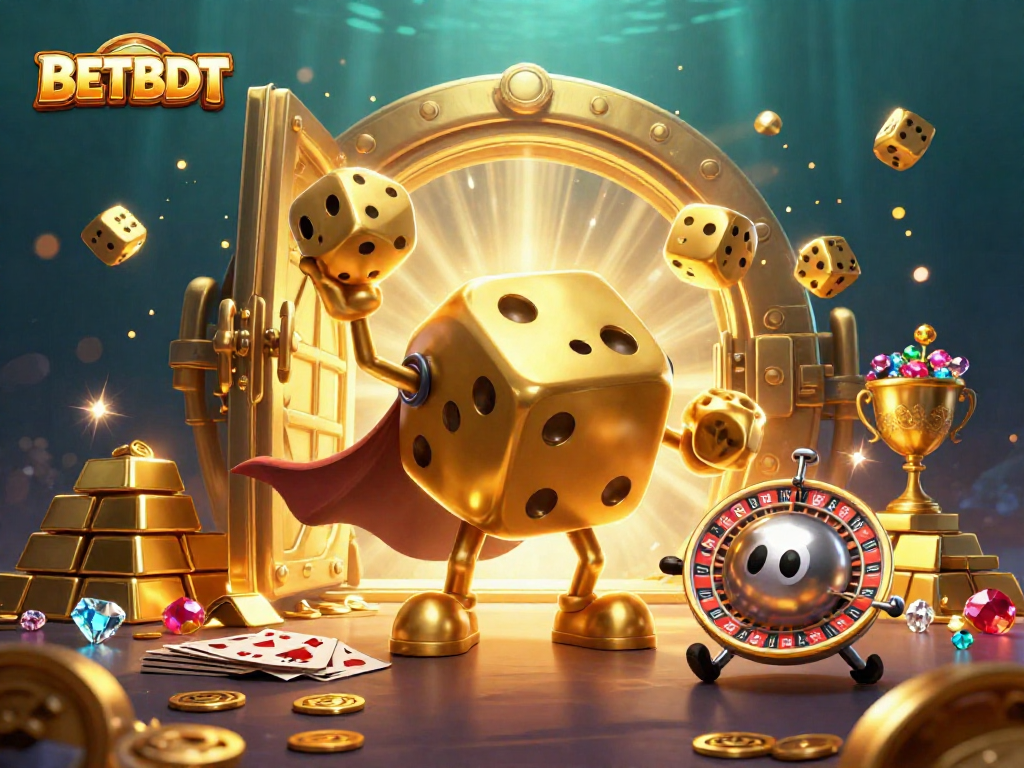 Experience thrilling action at BETBDT's vibrant casino with golden dice and dazzling treasures.
