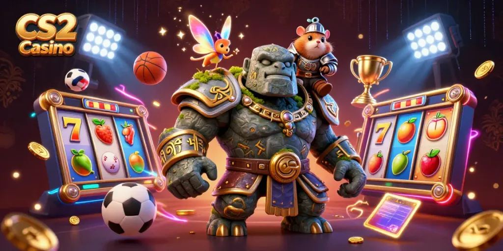 Engaging CS2 Casino scene with a golem, fairy, and hamster knight amidst dynamic gaming elements.