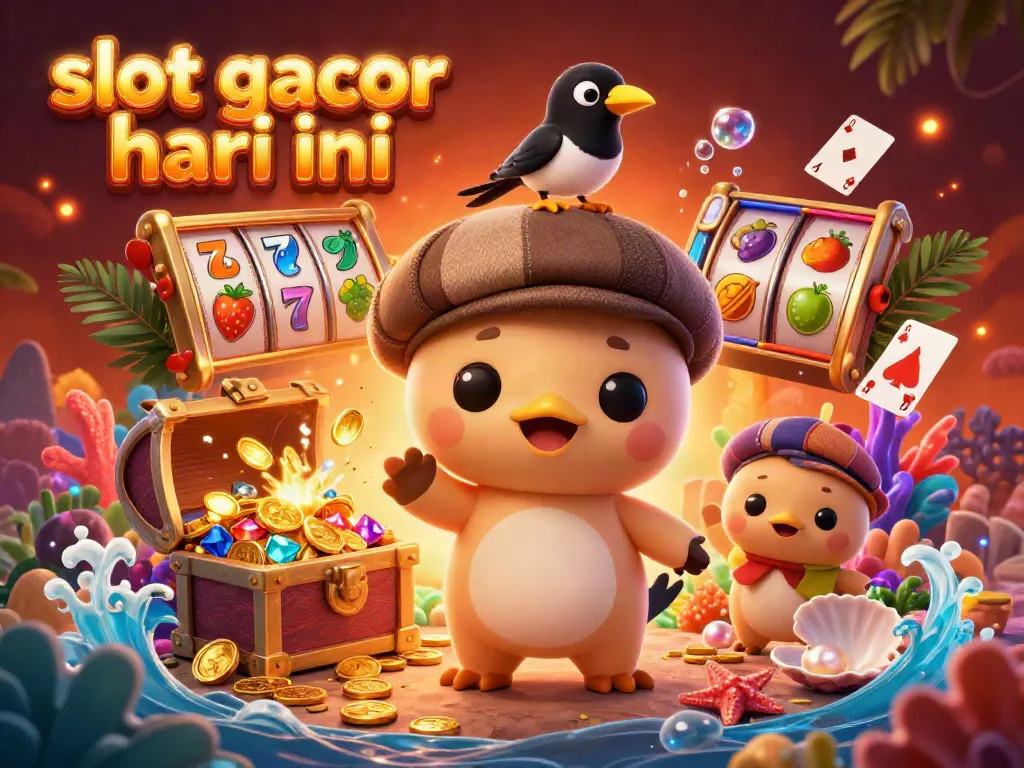 Gambarkan slot gacor hari ini dengan karakter lucu dan elemen permainan menarik di lingkungan kasino.