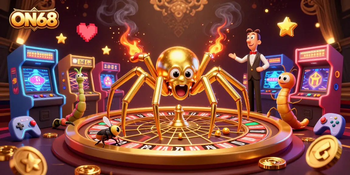 Place bets with ON68 as a golden spider spins a roulette wheel web in an exciting casino scene.
