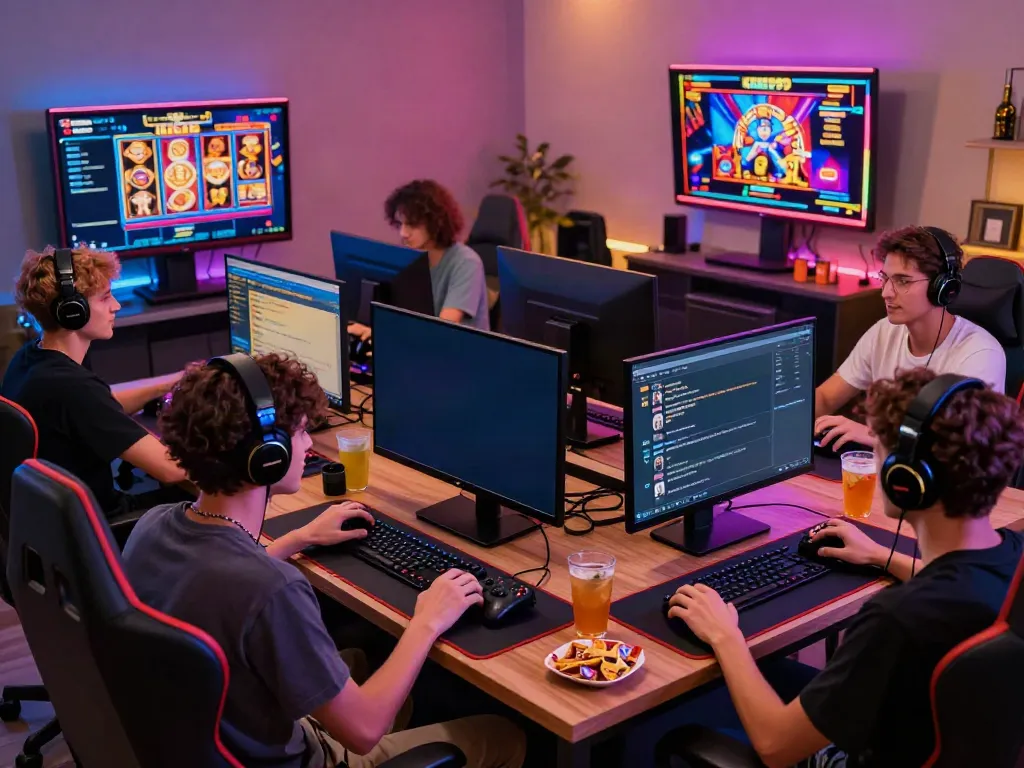 Exciting scene of friends enjoying gaming on KING999, surrounded by vibrant lights and modern gear.