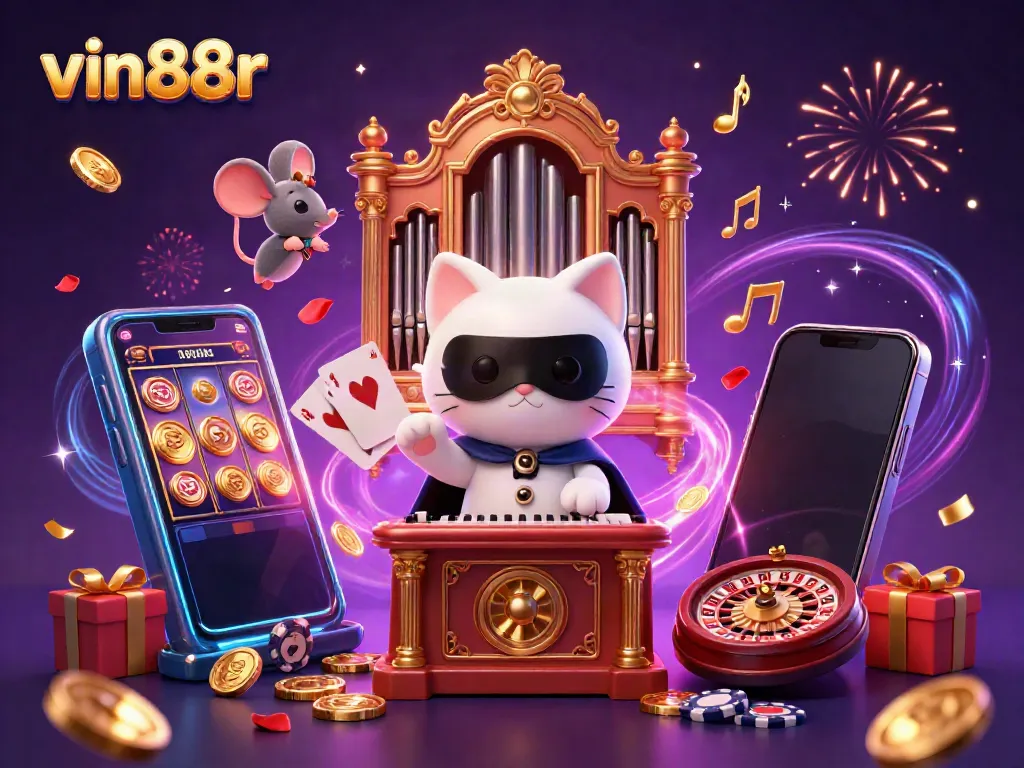 Experience thrilling gaming at vin88r with dynamic casino scenes featuring a phantom cat and vibrant slot games.