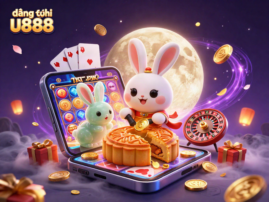 Experience đăng ký u888 with a vibrant casino scene featuring a moon rabbit and slot game elements.