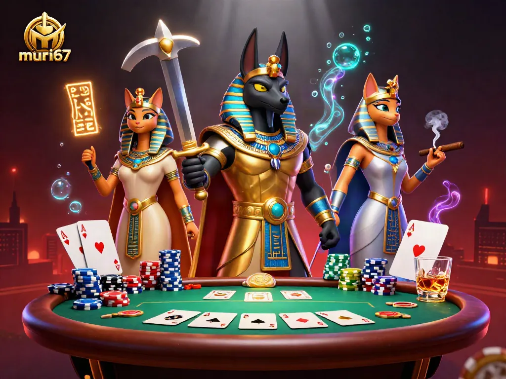 Experience the dynamic energy of murai67 as cartoon Egyptian warriors engage in high-stakes poker.