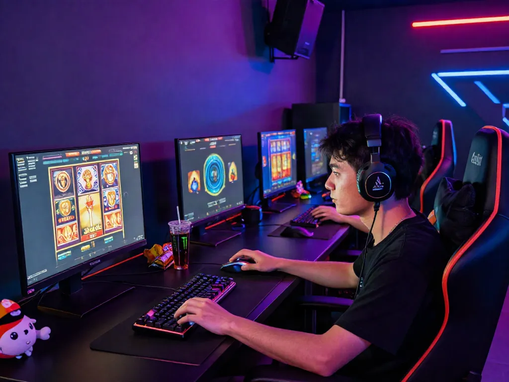 SLOT GACOR online gaming setup with a player immersed in vibrant slot games.