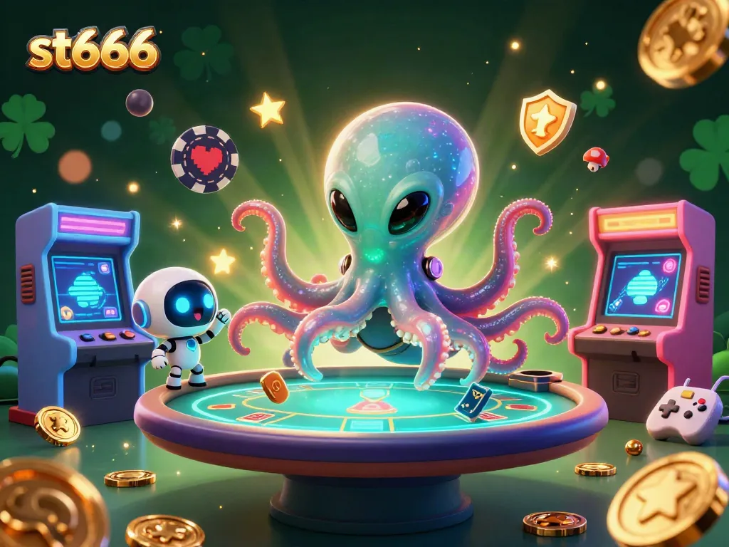 Join the action at st666 while the alien octopus deals poker with glowing game elements around it.