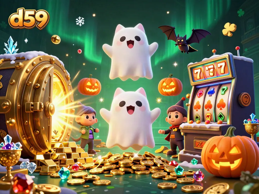 Experience slots excitement with D59, featuring ghost cat and vampire bat in a vibrant casino scene.
