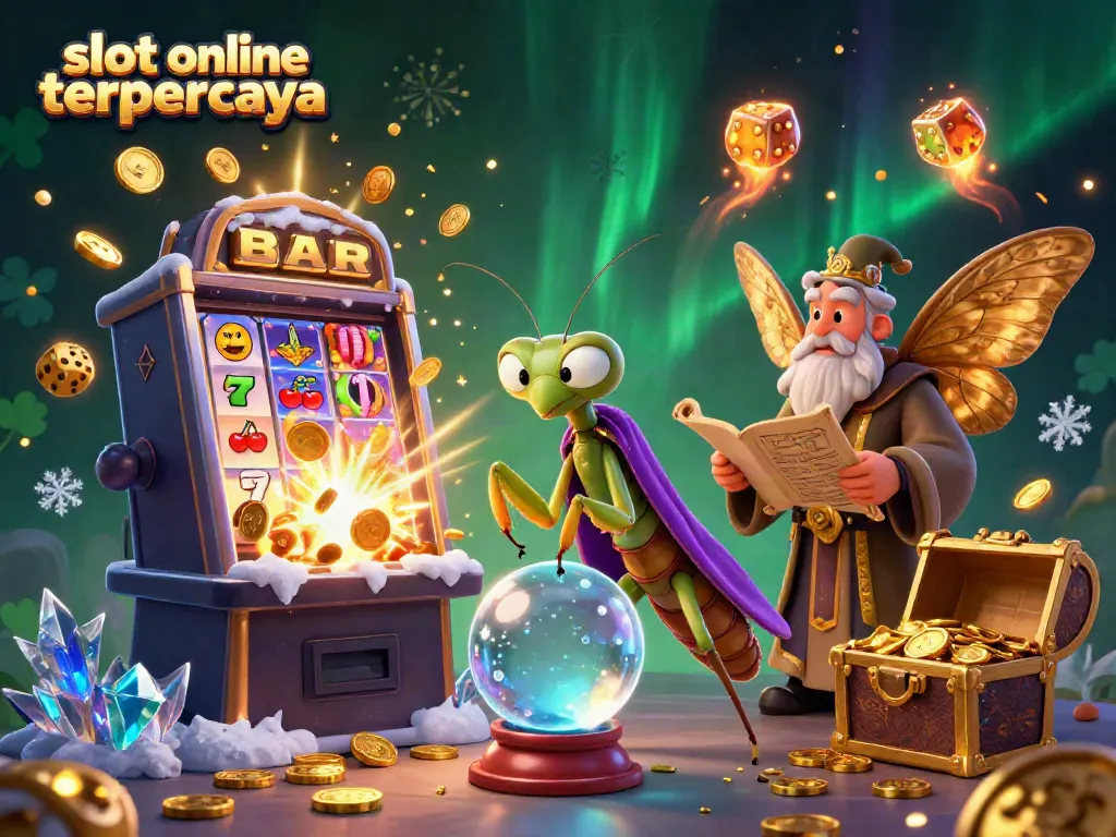 Slot online terpercaya dengan mesin slot dan simbol beruntung, dikelilingi karakter tiga dimensi yang menarik.