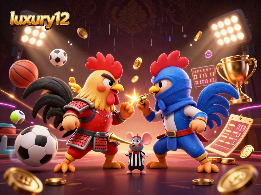 Menangkan taruhan Anda di luxury12 dengan ilustrasi ayam jantan bertarung yang dramatis dan elemen olahraga menarik.