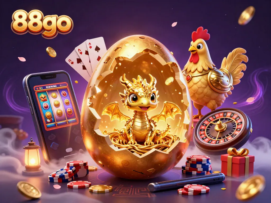 Experience 88go's thrilling games with a cartoon dragon guarding a treasure of poker chips and a vibrant slot game.