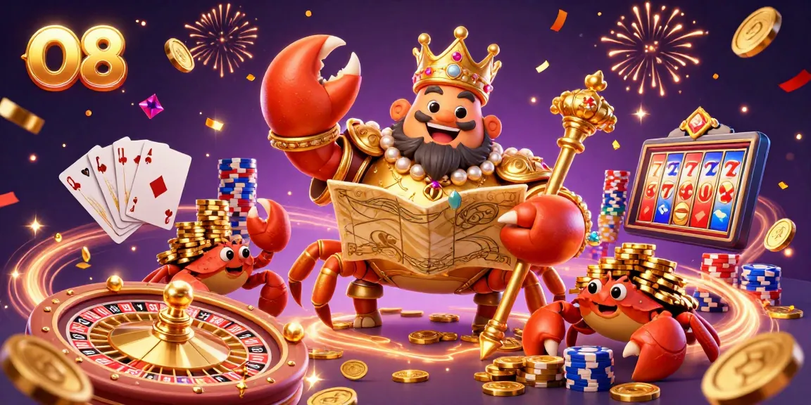 Engage with O8's golden crab emperor amid a vibrant casino scene filled with sparkling treasures.