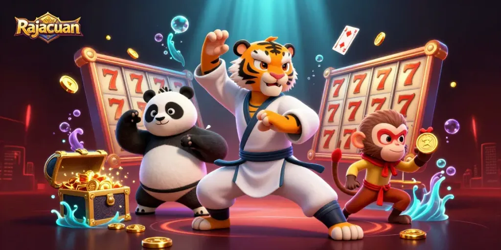 Rajacuan brings excitement to the casino world with a vibrant scene of kung fu characters amidst slot reels and treasures.