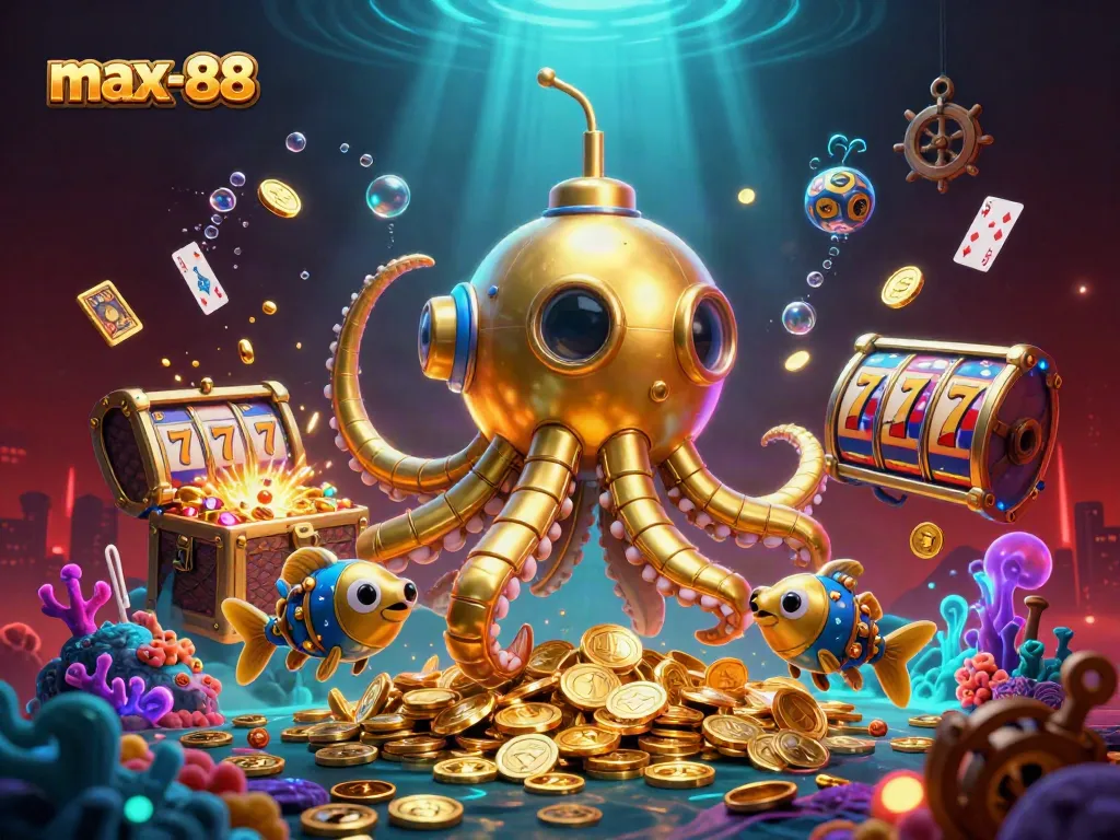 Experience the excitement of max-88 with a vibrant kraken submarine and dynamic casino elements.