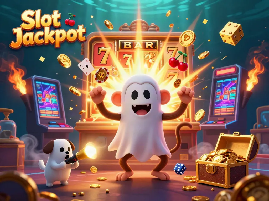 Spin and win with Slot Jackpot as a monkey juggles gold coins in a lively casino setting.
