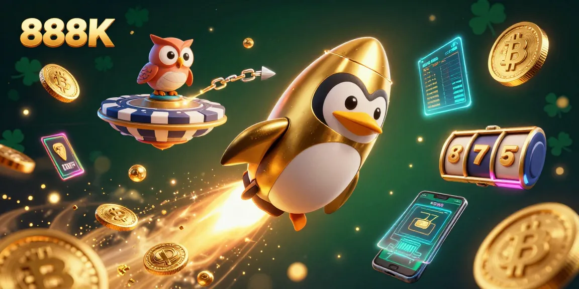 Experience the thrilling journey of 888K as a golden penguin rockets towards a casino, leaving rich rewards.