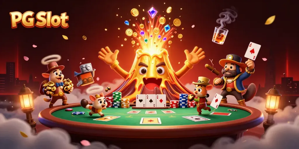 Experience winning with PG Slot as the golden volcano erupts treasures with a dynamic poker scene.