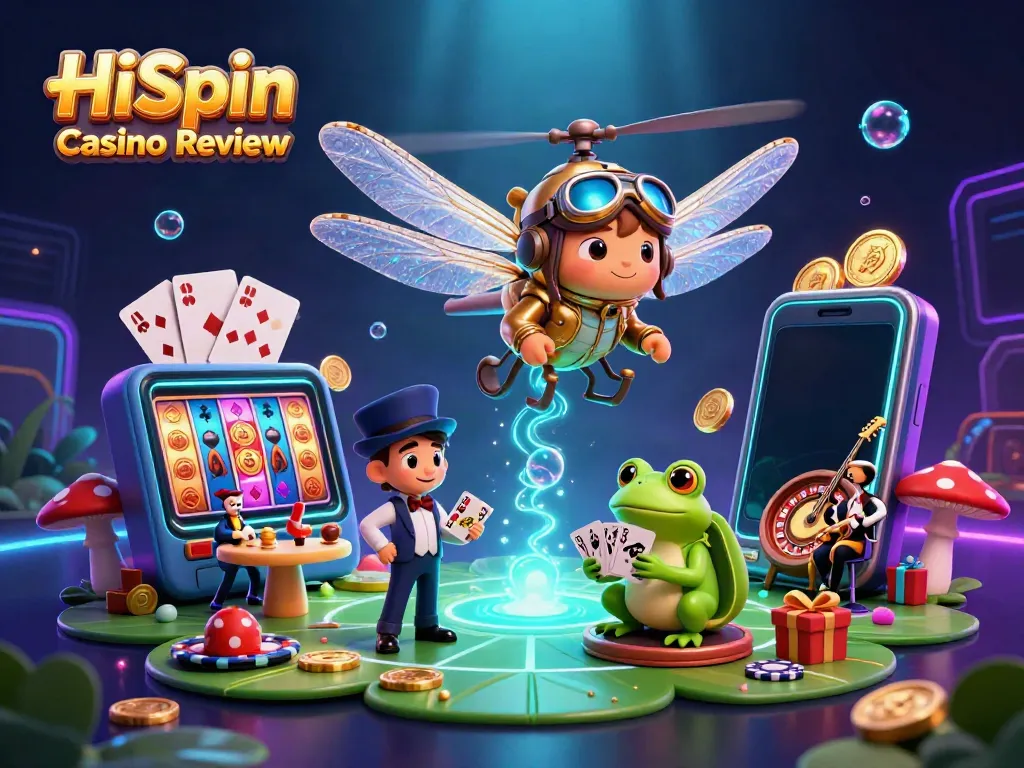 Experience HiSpin Casino Review with a vibrant 3D scene of a dragonfly pilot, frog dealer, and jazz musicians.