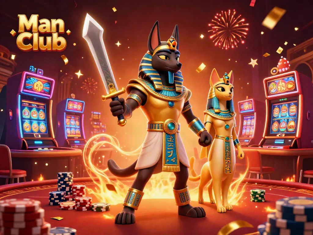 Engage in exhilarating gameplay at Man Club, featuring a vibrant 3D casino scene with Anubis and Bastet in a rich atmosphere.
