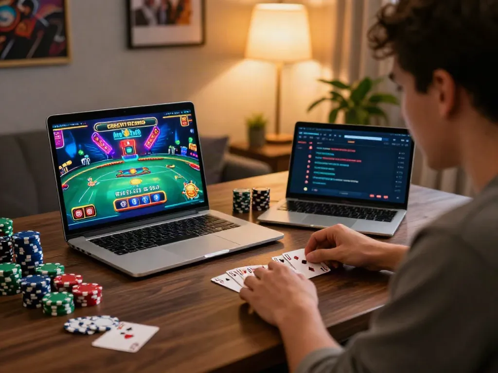 Exciting gaming scene showcasing a player engaging with credit card casinos on a laptop, surrounded by gaming elements.