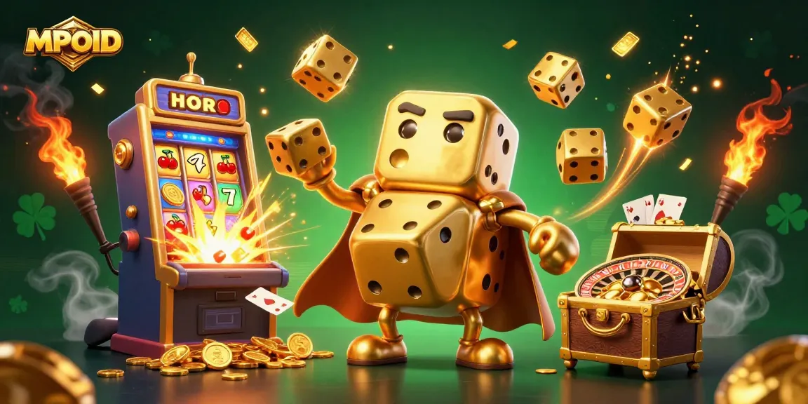 Spin the reels with MPOID's vibrant casino illustration, showcasing exciting games and golden prizes.