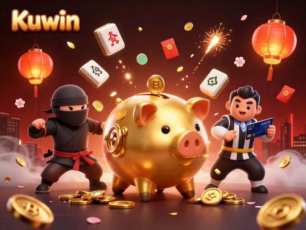 Engage in thrilling action with Kuwin's golden piggy bank wrestler and dynamic characters at an online casino.