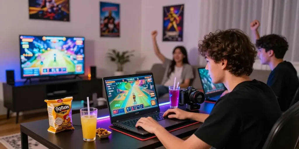 Engaging QQMacan gaming scene with friends in a vibrant living room.