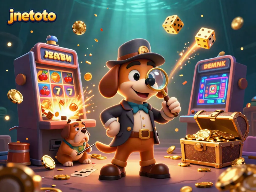 Menang besar di jnetoto dengan ilustrasi detektif dan petunjuk harta, dikelilingi mesin slot yang meledak.