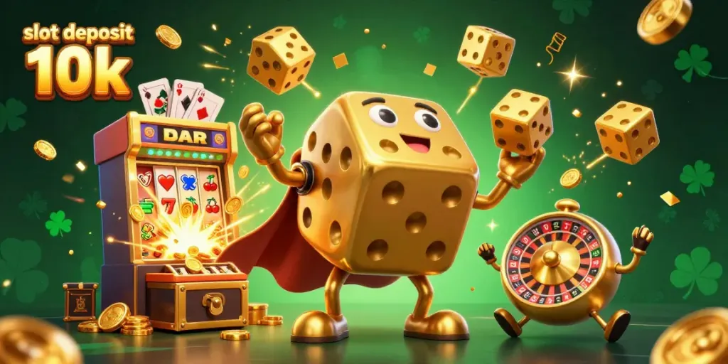 Engage with thrilling action of slot deposit 10k featuring vibrant golden dice and captivating slot machine vibes.