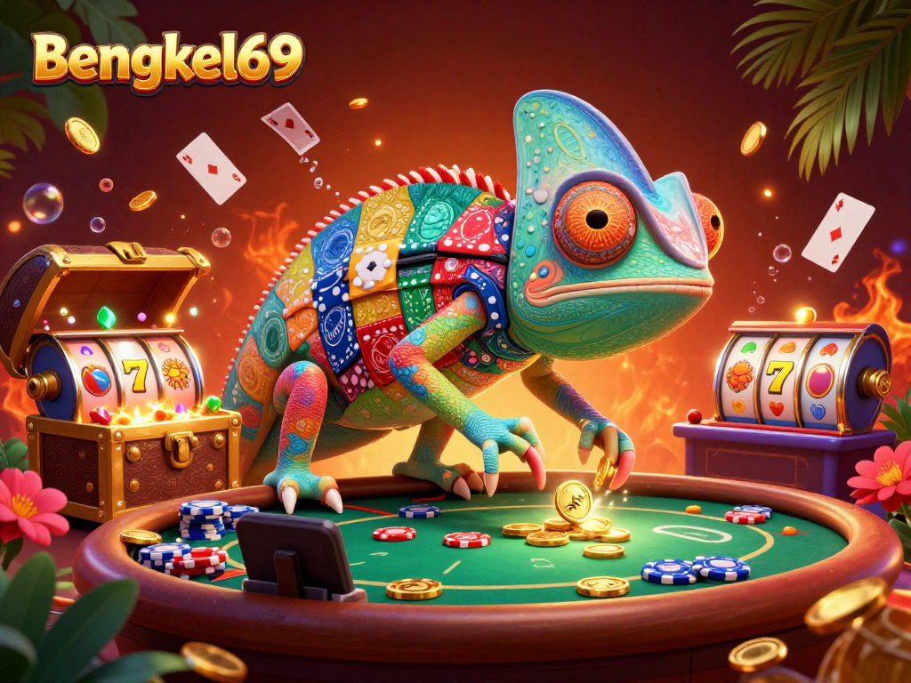 Engage in thrilling games at Bengkel69 with a vibrant chameleon casino owner amidst dynamic casino elements.