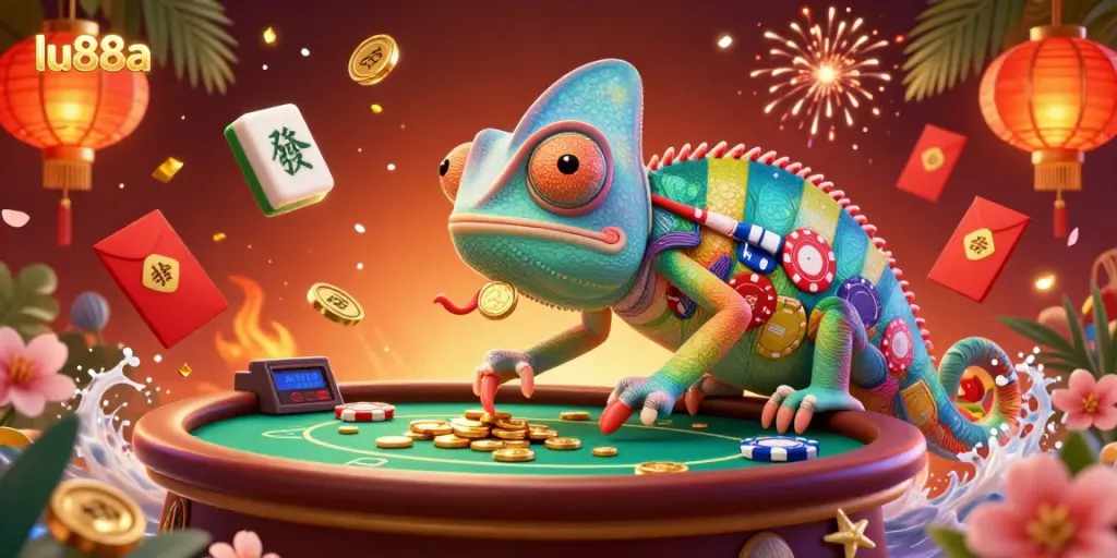 Experience the vibrant action of lu88a with a chameleon casino owner amidst colorful gambling elements and dynamic energy.