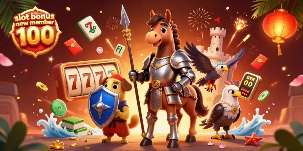 Experience thrilling gameplay with slot bonus new member 100, featuring spinning slot reels and exciting casino characters.